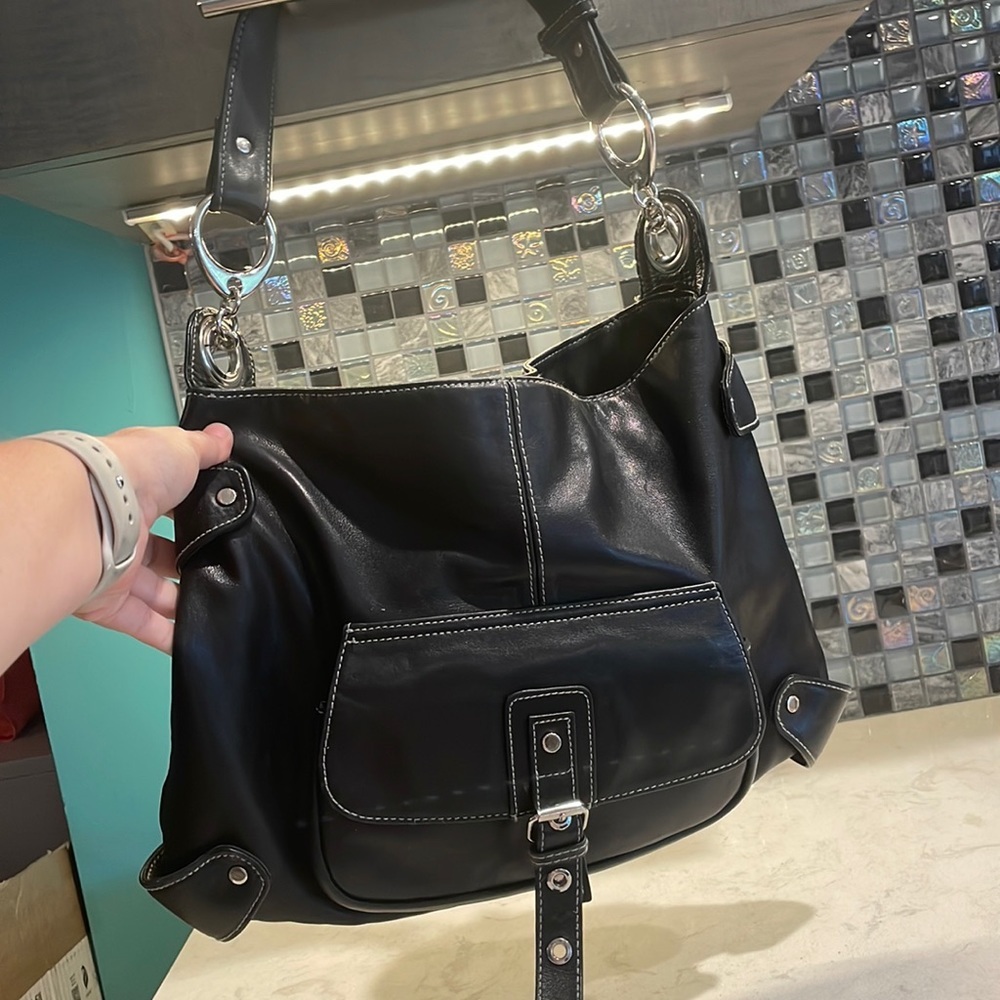 Perlina Black Shoulder Bag w/Silver Hardware 14" wide X 10" tall-Weighs 1.5 lbs.